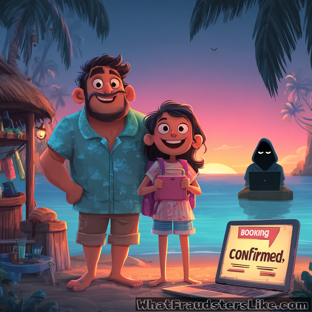 A cheerful father and daughter stand on a beach at sunset, with a laptop displaying "Booking Confirmed" in the foreground and a shadowy hooded figure on a small raft with a laptop in the background water.